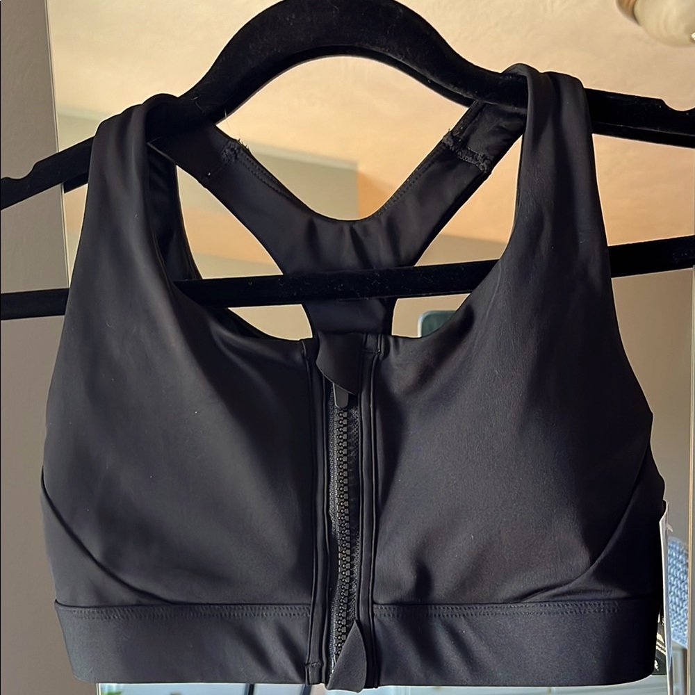 Black Women's Sports Bra - Zip front w/removable cups